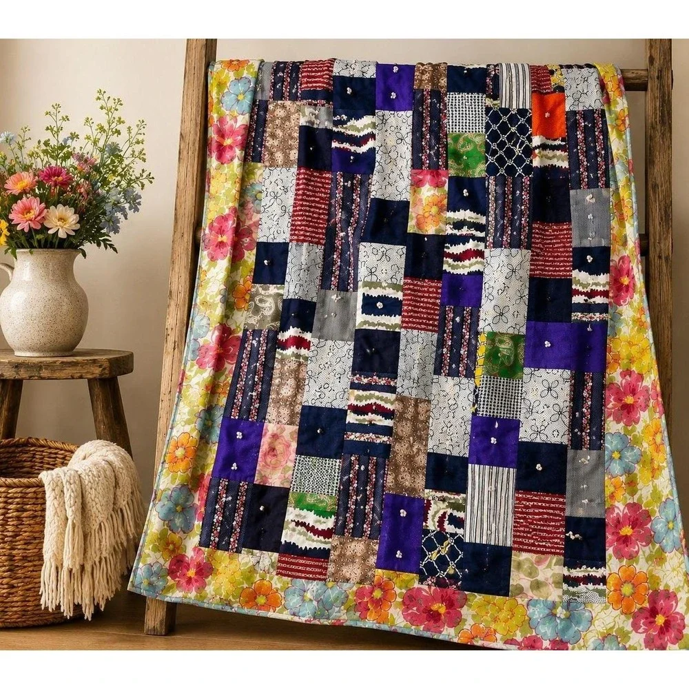 Handmade Reversible Patchwork Quilt Floral‎ Cottagecore Full Queen Topper 80x84